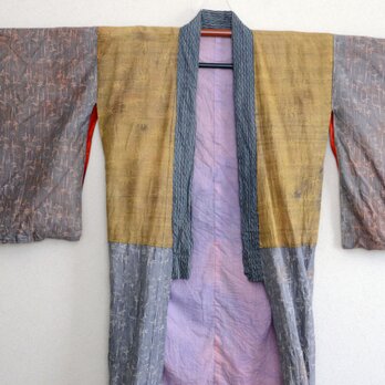 【美しいクレイジーパターンの襦袢着物】ローブ 古着 古布 ハンドメイド リメイク素材 ジャパンヴィンテージの画像