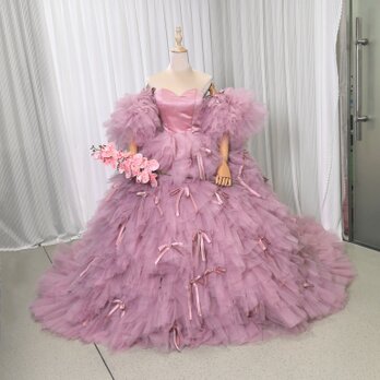 カラードレス ピンク プリンセスライン ふわふわ袖 リボン 柔らかく重ねたチュールスカート 可愛い 抜群のおしゃれ見えの画像