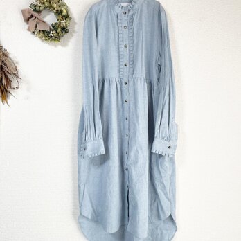 ネップミックスダンガリー フリルワンピース （Blue gray White）の画像