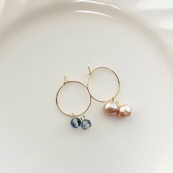 3way淡水パールとシックなカットガラスフープｓピアスの画像