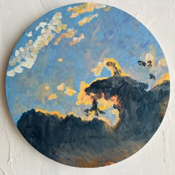 直径30㎝「朝の空　20252」油彩・絵画・原画・丸形・アートパネルの画像