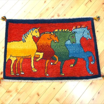 ペルシャ　ギャッベ　玄関マット　ラグ　希少な横柄　約90x60cm　躍動感あふれる馬　RJ12600Gの画像