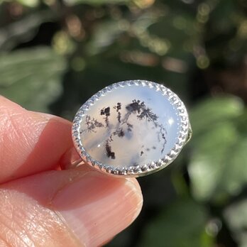 デンドリティックアゲート　繊細な植物を閉じ込めたかのような天然石　 オーバル カボション シルバーSV925リングの画像
