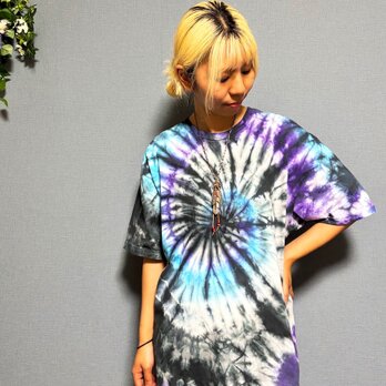 タイダイ Tシャツ XLサイズ ブラック×ブルー スパイラル Hippies Dye HD23-27の画像