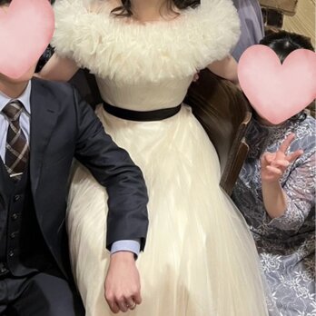 実例写真！パーティードレス オフショルダー シャンパン色 サッシュベルト ロング 音楽会 前撮りの画像