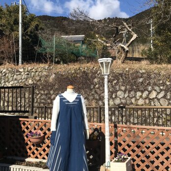 三重物産松阪もめん藍染縞柄~~無地組み合わせジャンパースカートの画像