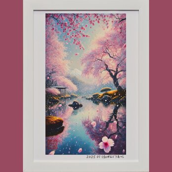 花さそふ 嵐の庭の 雪ならで【AIアート 桜富士山】A4額装品がんどうあつし制作の画像
