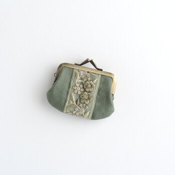 リネンとインド刺繍リボンのミニがま口　グリーン