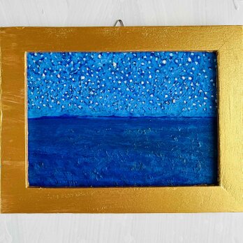 16×21㎝「星空と海　20252」油彩・額装・原画・壁掛け・独立スタンド付きの画像