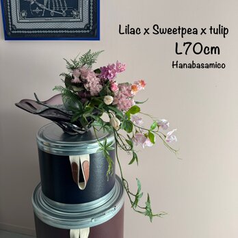 【迫力の70cm！】モーブピンクスモークツリーの春花スワッグ！ライラック/スイトピー/チューリップ/ランチ会や店舗看板にの画像