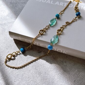 NM46-【 MONET 】モネ・ヴィンテージネックレス 1980s Gold Tone Blue Beads Toggleの画像
