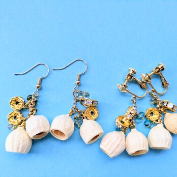 自然素材ハワイの風／木の実とゴールドリングピアス／イヤリングに変更可（天然素材アクセサリー両耳用）の画像