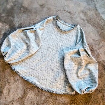 上品コットンツィードフリンジ襟のパフスリーブブラウスの画像