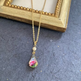 西ドイツ製ヴィンテージガラス、アイリスガラスと手巻きガラスパール（ホワイト）のシンプルなプチネックレス No.C783