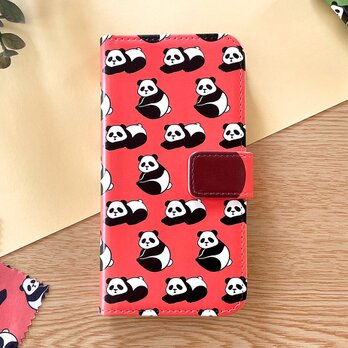 【受注製作品】パンダのiPhoneケース オレンジ《Android対応》手帳型スマホケース 名入れ ギフト プレゼントの画像