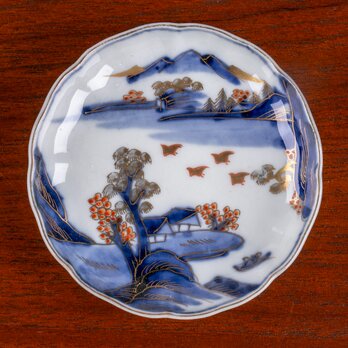 古伊万里 染錦山水千鳥文四寸皿 明治時代 E1220Dの画像