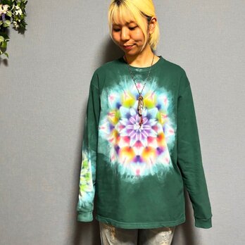 タイダイ 長袖 Tシャツ Lサイズ 曼荼羅模様 ダークグリーン　 HD23-30の画像