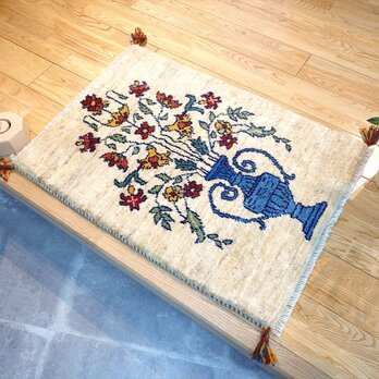 ペルシャ ギャッベ　玄関マット　ラグ　85x63cm　ベージュ　花　花瓶　RJ6336Gの画像