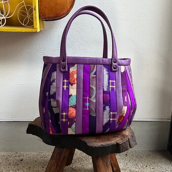 革と古布のパッチワークバッグ（オールドローズの革＋着物生地）01016-104