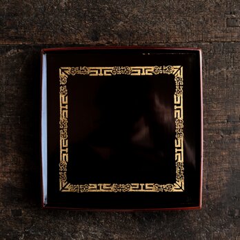 黒に沈金での美しい文様◆古輪島塗　漆塗木工四方盆　骨董・antiques　工芸品　大正〜昭和初期【縁に剥がれ有】i4の画像