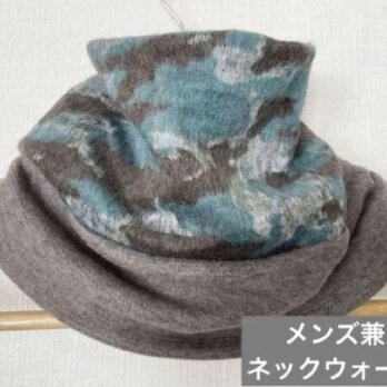 グリーンブルー系カモフラ柄息がしやすいウォーキング用バフネックウォーマーの画像