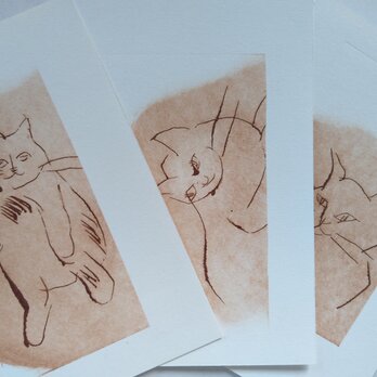 【送料無料】猫3枚ポストカード 手刷りの画像