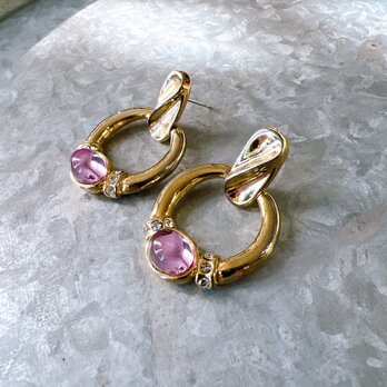 P607-ヴィンテージピアス U.S.A. Gold Tone Amethyst Cabochon Rhinestoneの画像