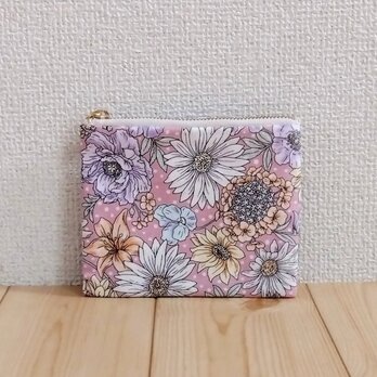 小さめ12cm　花柄　ミニフラットポーチ　内ポケット　くすみピンク　　394の画像