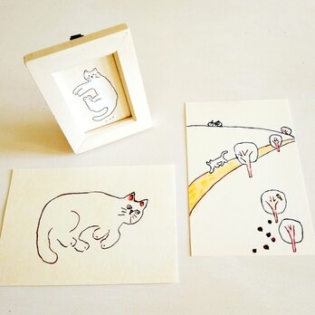 白猫セット【ミニ額入り複製原画1点 ｜ポストカード2種】猫イラスト　　
