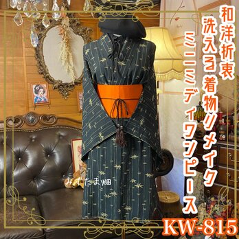 着物 リメイク ミニミディ ワンピース ドレス 洗える 化繊 帯ベルト 和洋折衷 静寂の中にそよぐ笹の葉。 KW-815の画像