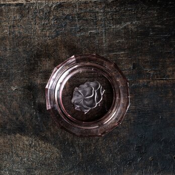 見込みに薔薇◆スモーキーピンク。花文プレスガラス十二角小皿　骨董/antiques 大正〜昭和初期の画像