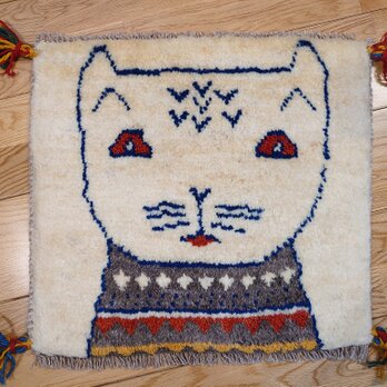ペルシャ　ギャッベ ミニマット 40x43㎝　ホワイト　猫　T5093Gの画像