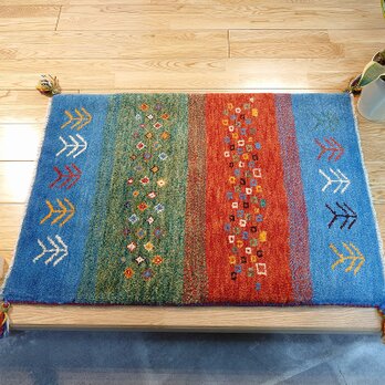 新入荷】ペルシャ　ギャッベ　玄関マット　 90x63cm ブルー　カラフル　RD1887Gの画像