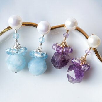 【2wayピアス】「金平糖」パール アメジスト アクアマリン 天然石 誕生石 シンプル 春 フォーマル プレゼントの画像