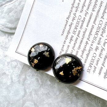 Y1087-ヴィンテージイヤリング U.S.A. 1960〜70s Black Cabochon Gold Leafの画像