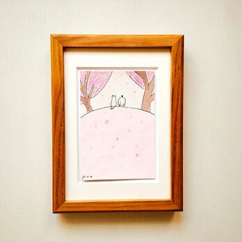 【犬の絵】原画「桜の木の下で」 ※2L木製額縁入り・水彩・インテリアアート　特集掲載作品
