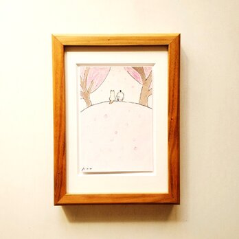 【犬の絵】原画「桜の木の下で」 ※2L木製額縁入り・水彩・インテリアアート　特集掲載作品