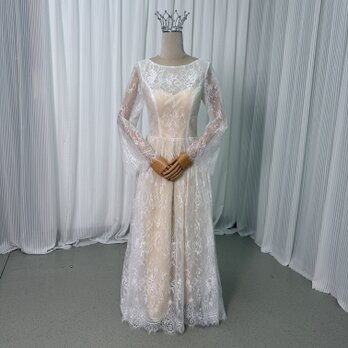 クラシカル パーティードレス スレンダードレス 長袖 繊細総レース 結婚式 二次会 花嫁 ロングドレスの画像