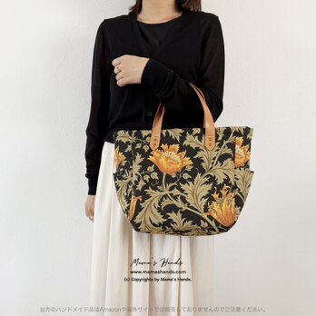 おしゃれな アネモネ ウィリアムモリス ブラック オレンジ フォーマル 革 トート 手提げ バック