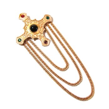 Vintage Gold Tone Cross Design Drop Chain Big Broochの画像