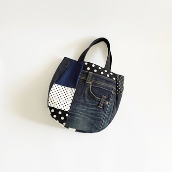 【手提げ】デニムパッチワークバッグ ドット モノトーン A4