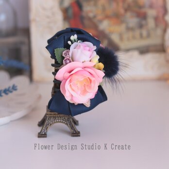 ピンクの薔薇と黄色いお花のバンスクリップ　髪飾り　ヘアクリップ　ピンク　バラ　お出掛け　入学式　卒業式　結婚式　リボンの画像