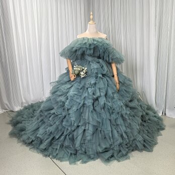 人気上昇！ライトブルー カラードレス オフショルダー 柔らかく重ねたチュールスカート ロングトレーン 花嫁の画像