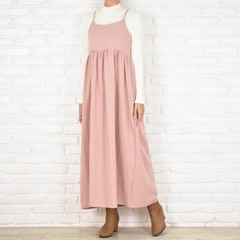 【大きいサイズ】春色くすみピンク♪コットン素材のキャミソールギャザーワンピース　＜ピンク＞の画像