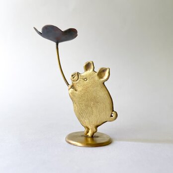 受注制作「大きなお花とこぶた」小さな真鍮オブジェの画像