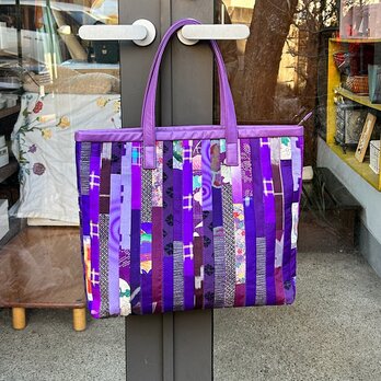 革と古布のパッチワークトート（オールドローズ）01021-15