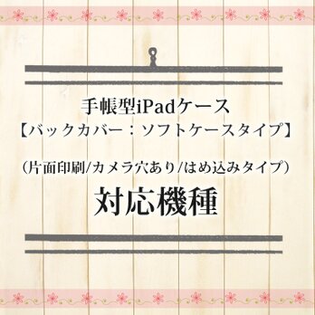 手帳型iPadケース【バックカバー：ソフトケースタイプ】（片面印刷/カメラ穴あり/はめ込みタイプ）対応機種