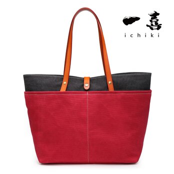 ハンドメイド　帆布　トート ハンドバッグ　ビジネス　★イタリア本革 レッド ST067の画像