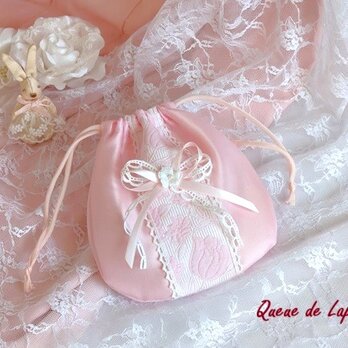 ロマンチックガーリーな巾着袋（ピンク）の画像