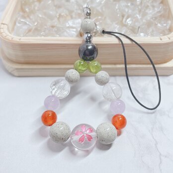 あらゆる病気や怪我の治療・手術のお守り 水晶桜入り スギライト 北投石 ペリドット 天然石ストラップ No800Sの画像
